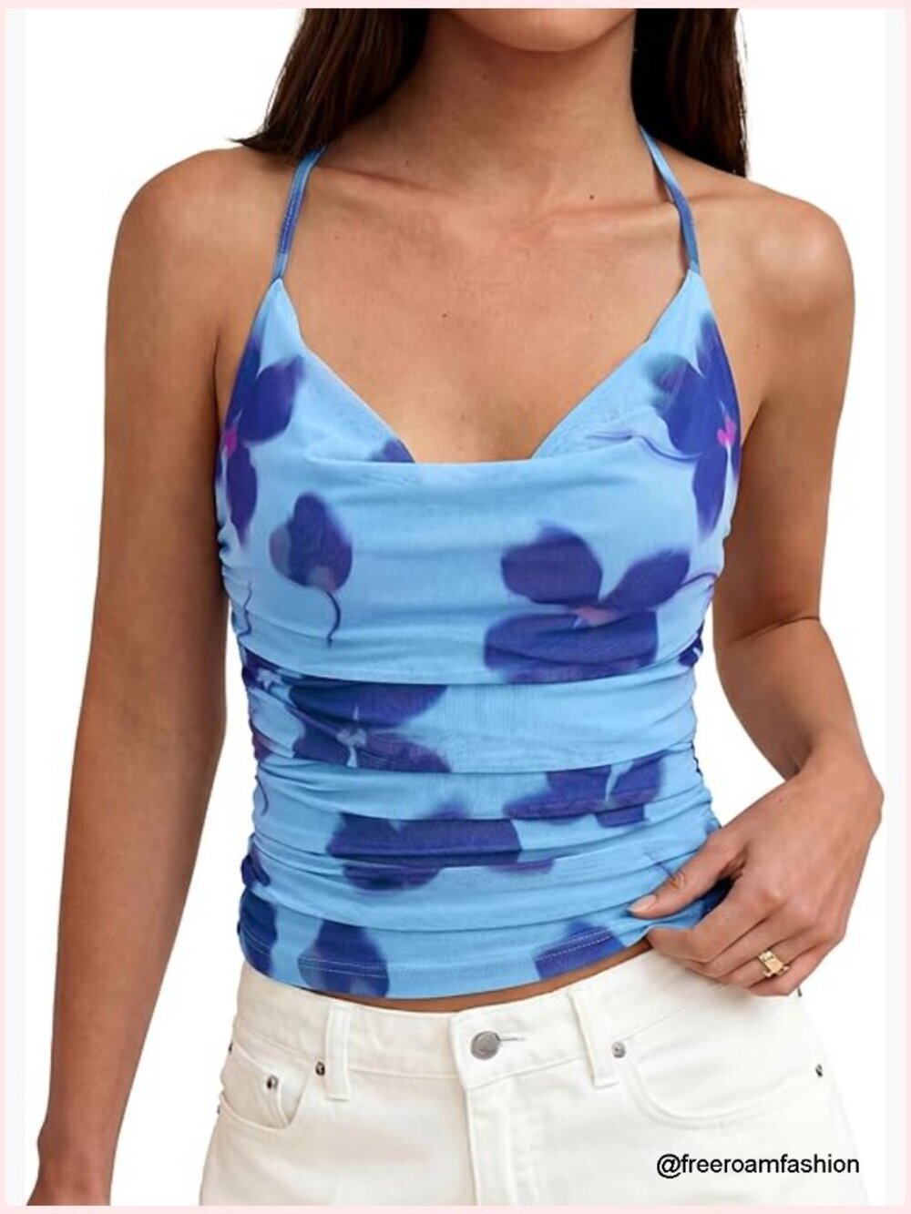 Summer Mesh Halter Top with Cowl Neck and Ruched Front